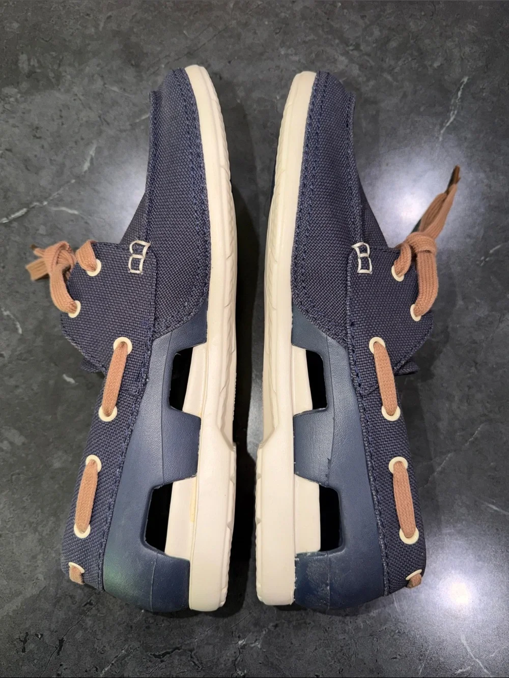 CROCS Navy Canvas Boat Shoes with Tan Laces